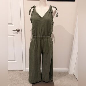 4our Dreamers (Anthropologie) Linen olive green Sleeveless Jumpsuit
